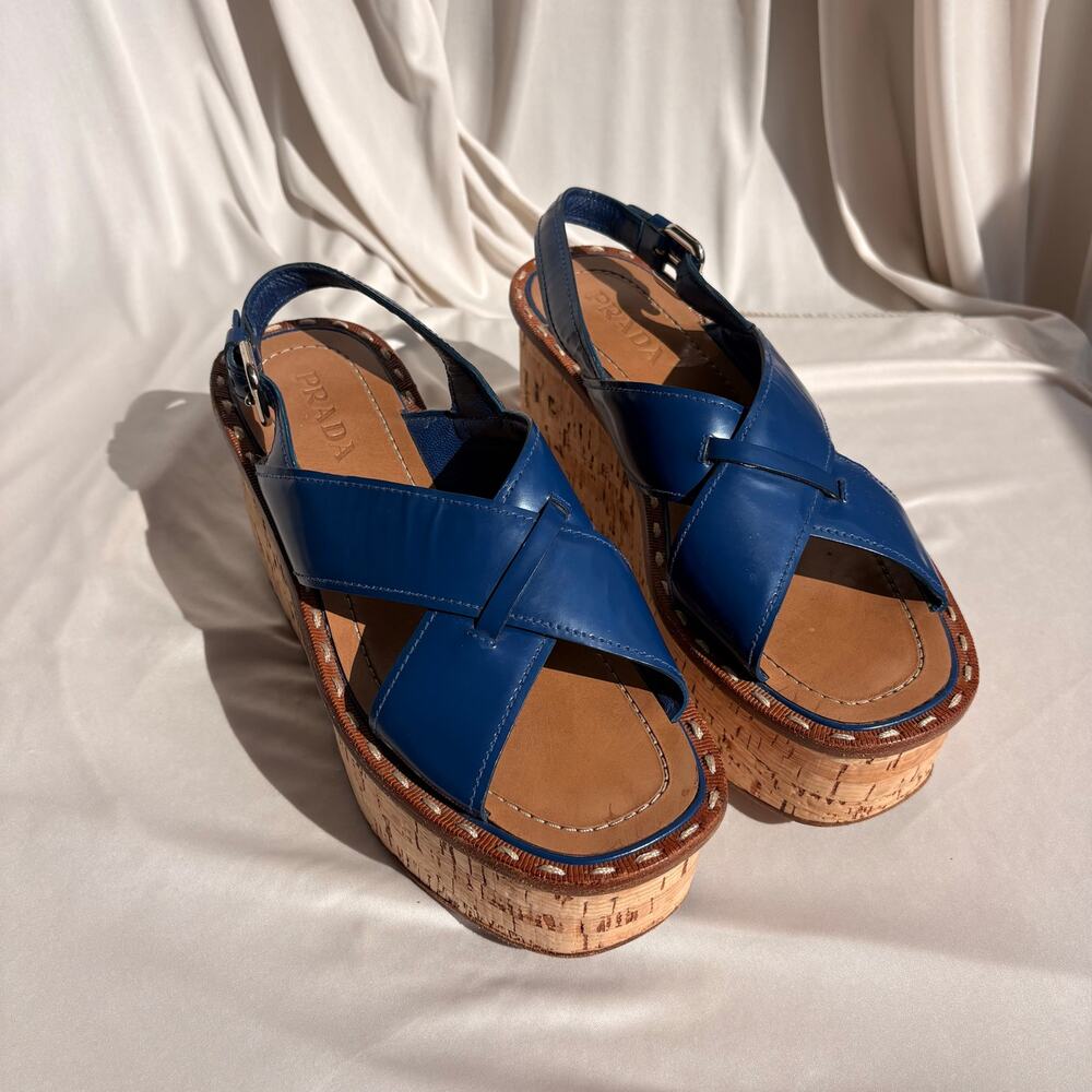 Prada Crisscross Blue Leather Wedge Sandals - EU 38 / US 7